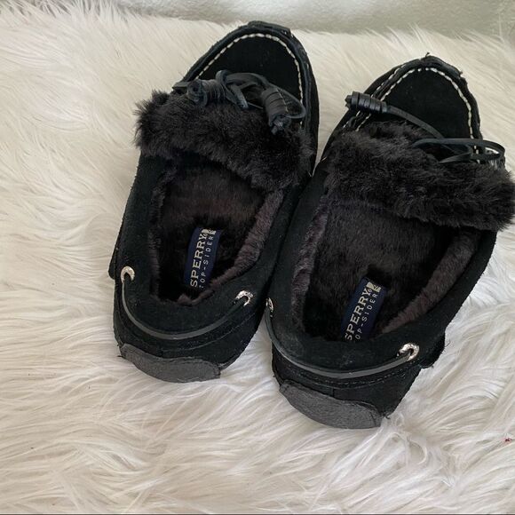 NEW Sperry Top Sider Black Leather fur Moccasins 8 - Picture 3 of 7